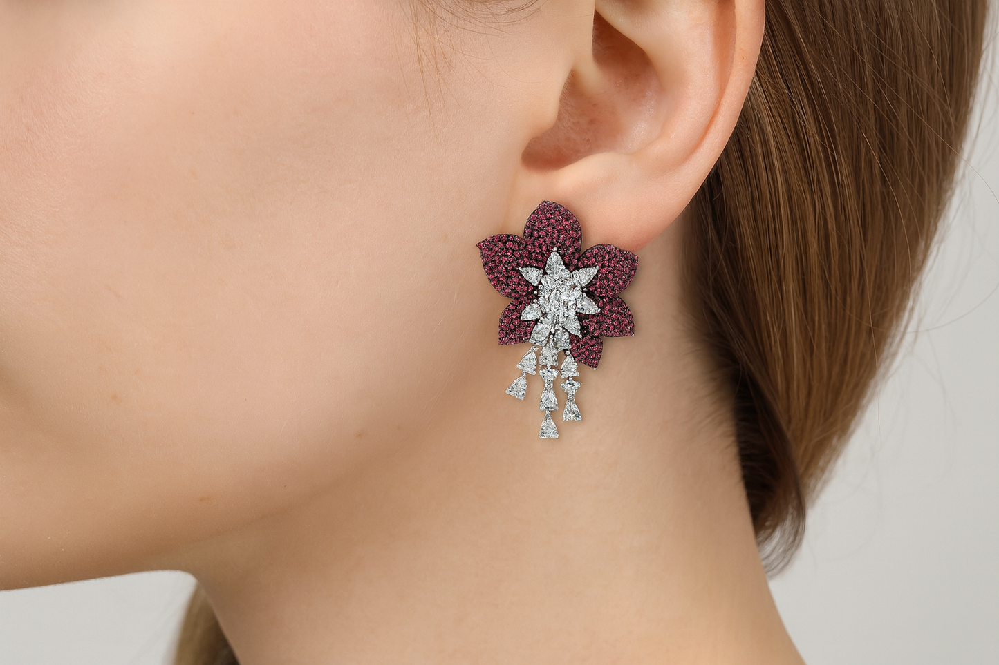 Rose Red Cubic Zirconia Tassel Large Flower Shaped Party earring for girls