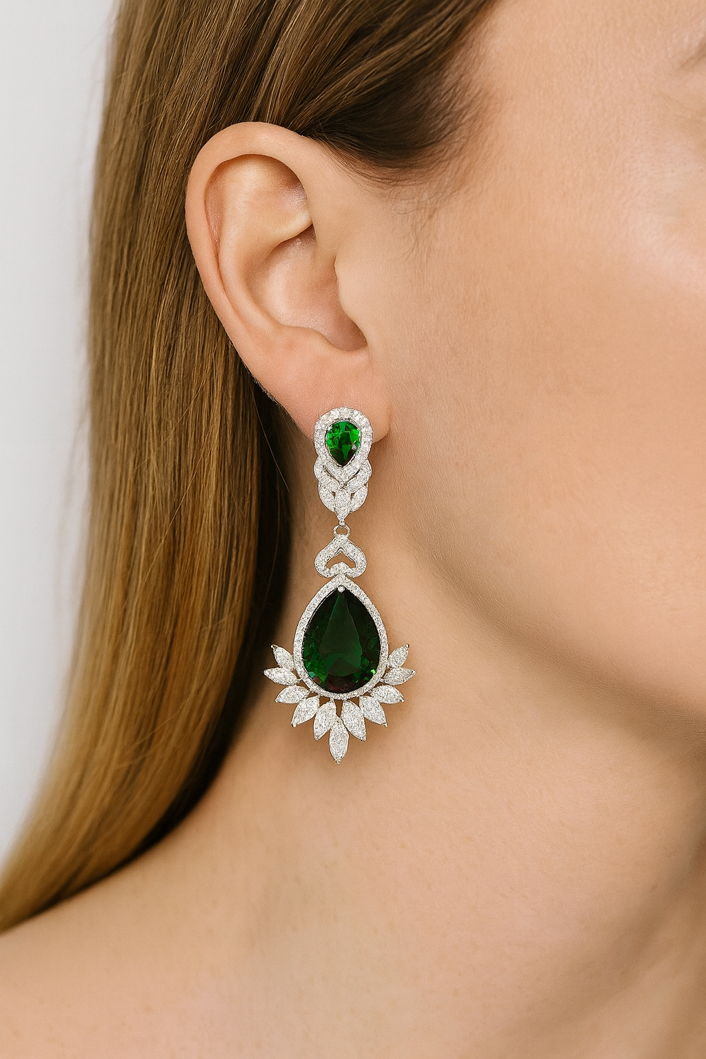 Elegant American diamonds new style green stone dangle earring for women