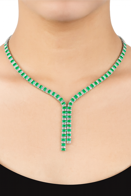 Luxury single row party wear green white rhinestone necklace with pair of earring for women