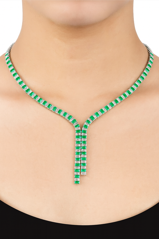 Luxury single row party wear green white rhinestone necklace with pair of earring for women