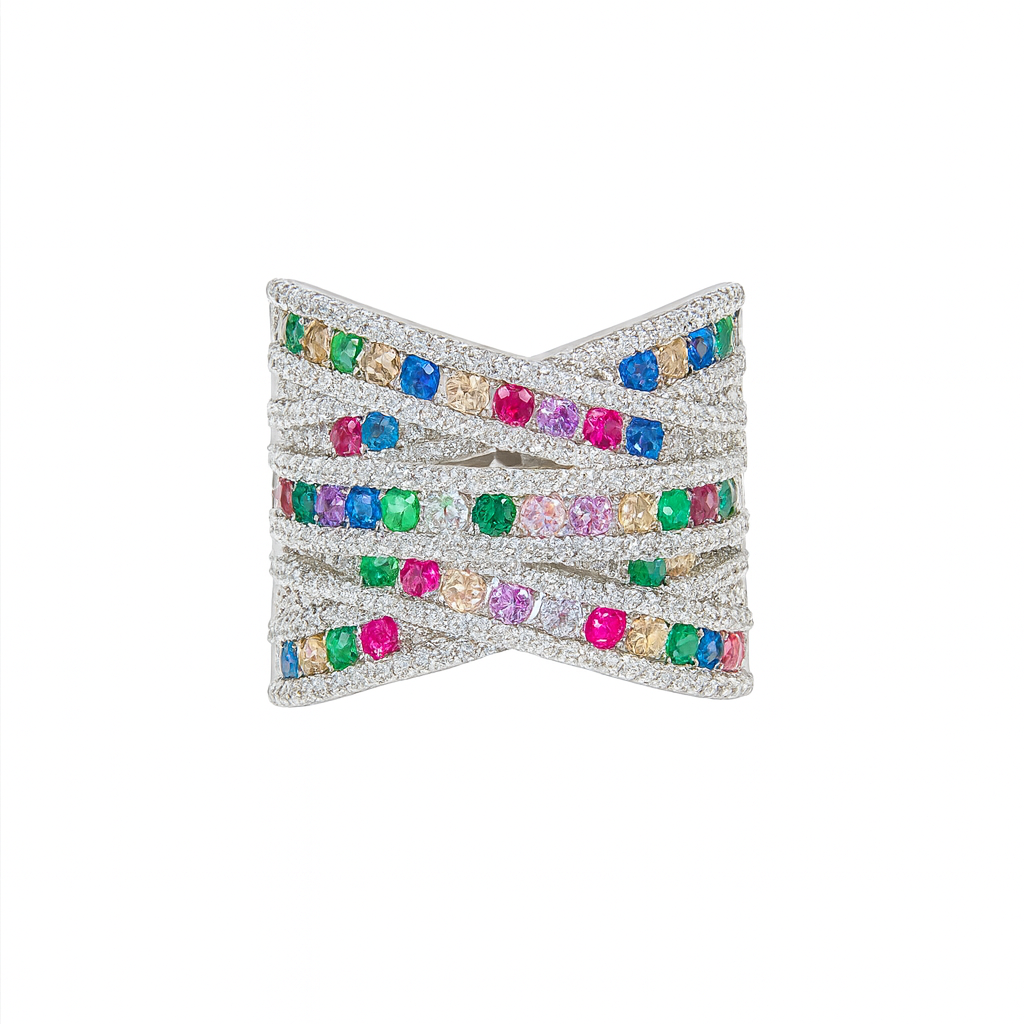 Adjustable silver plated cross style multi rhinestones big size ring for women