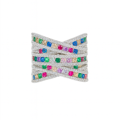 Adjustable silver plated cross style multi rhinestones big size ring for women