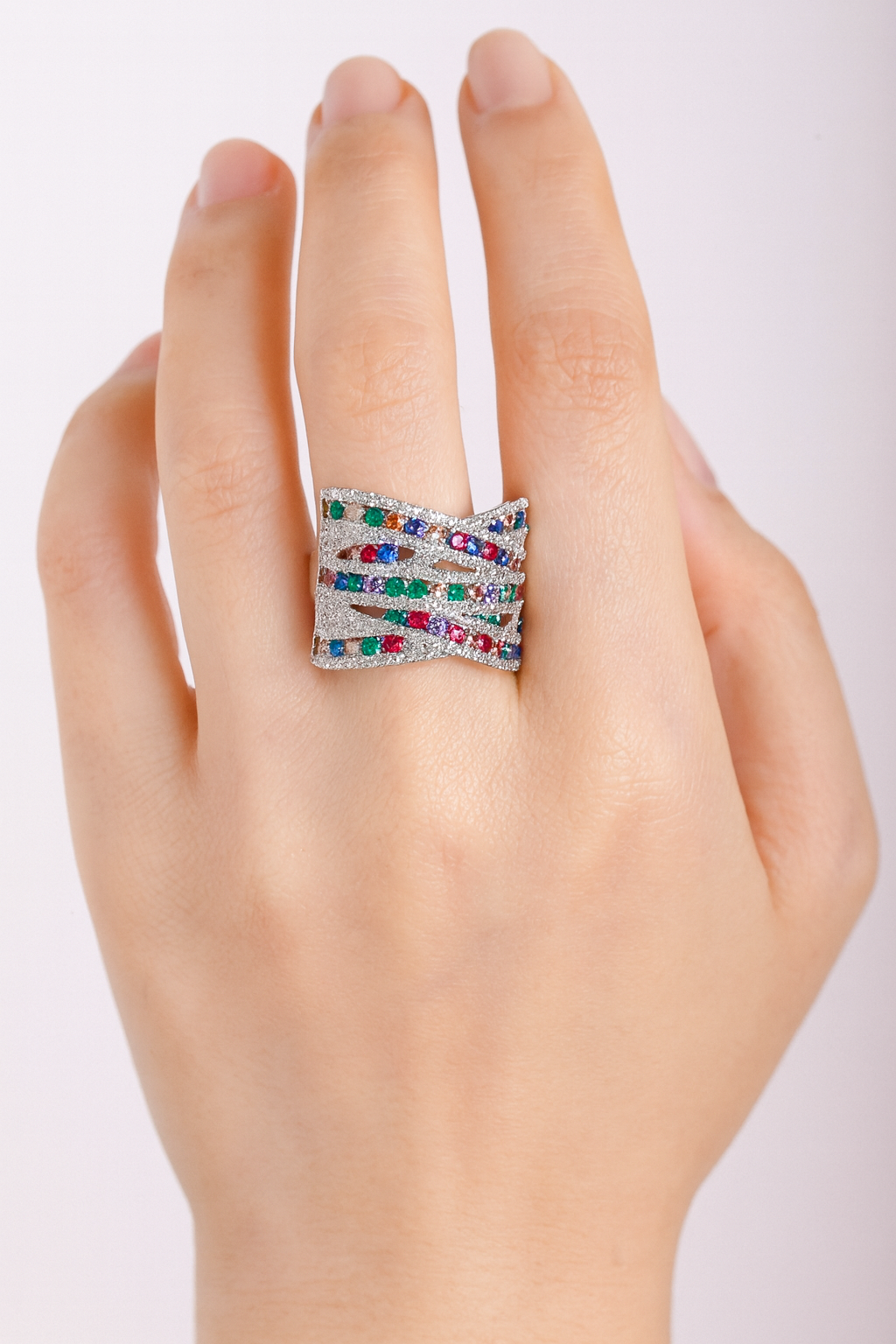 Adjustable silver plated cross style multi rhinestones big size ring for women