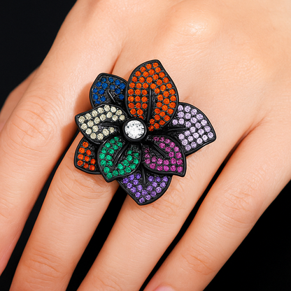 Flower style multi colour big size ring for women