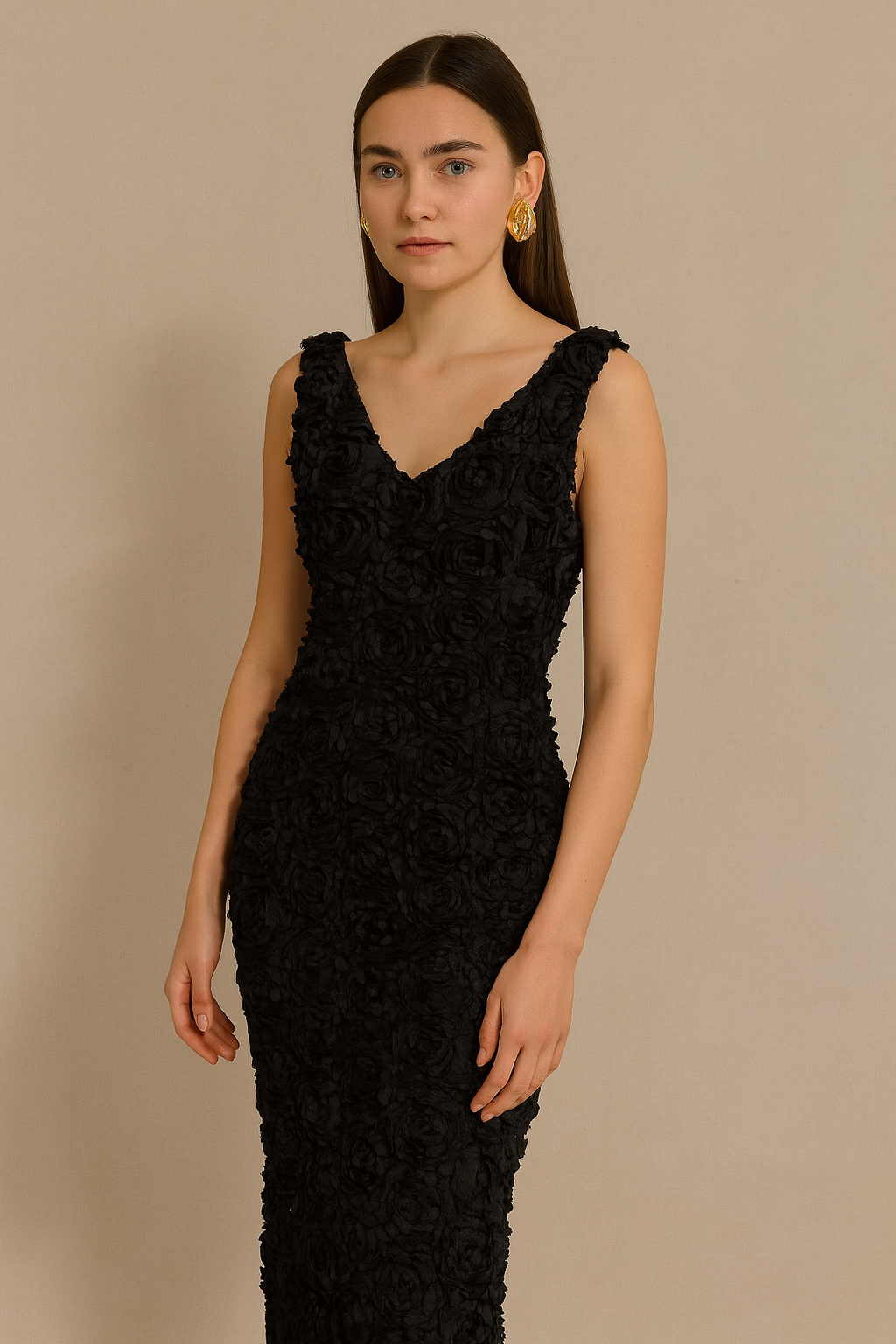 Flower Design Black Long Dress For Girls