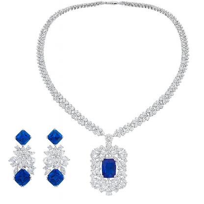 Luxury white gold plated blue shiny cubic zircon stone necklace set for women