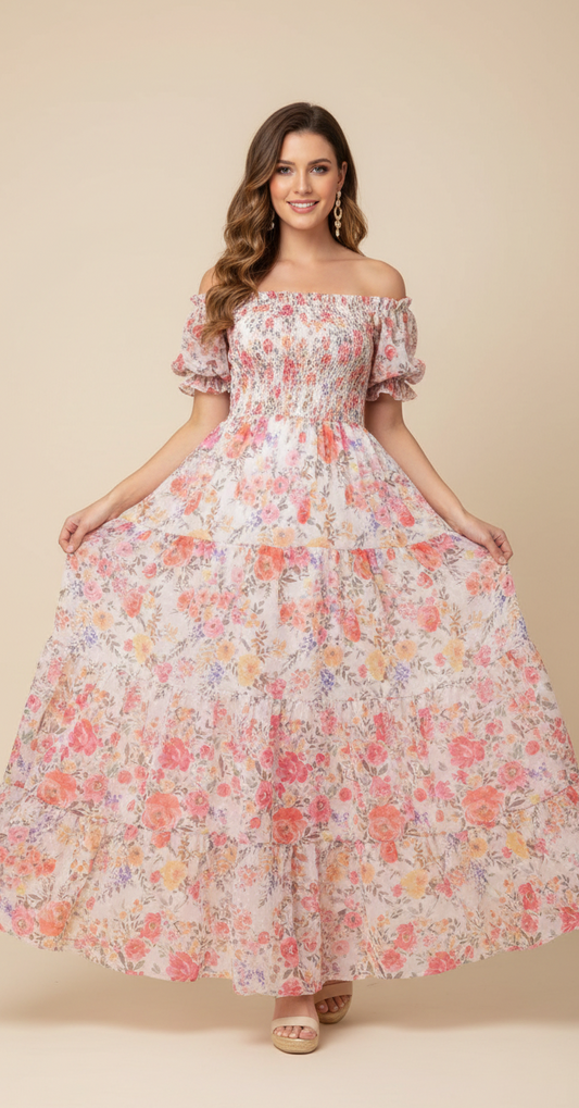 Red Flower Print Balloon Hand One Piece