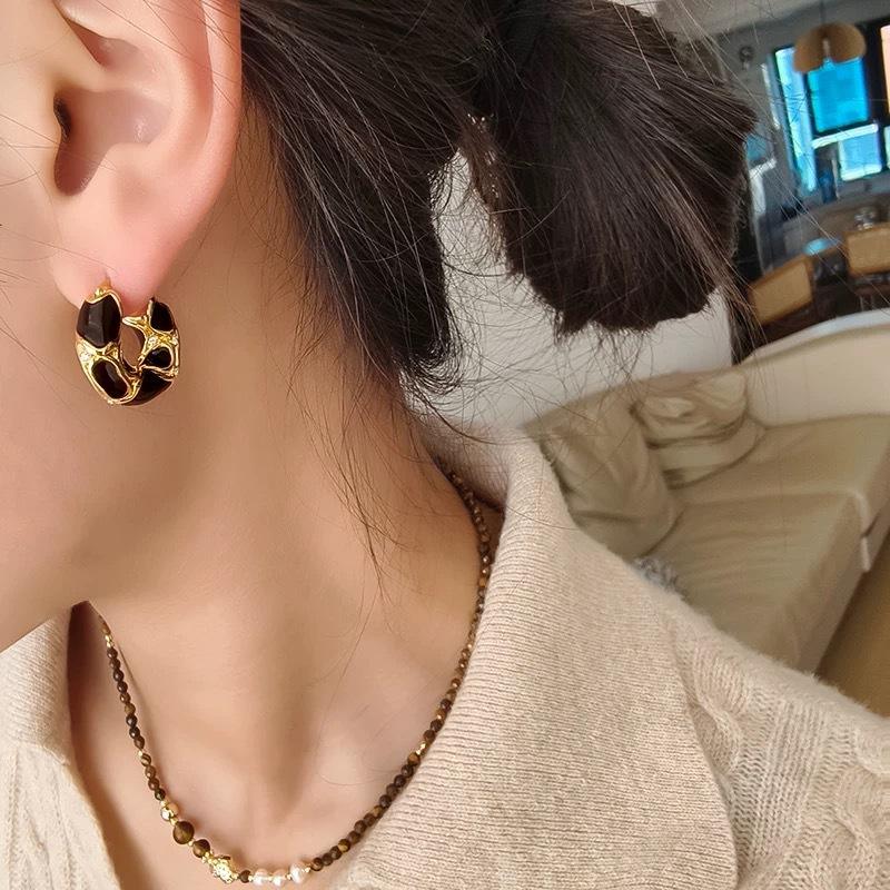 Golden Black Enamel Huggie Earring For Women