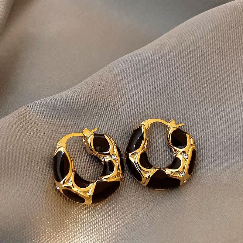 Golden Black Enamel Huggie Earring For Women