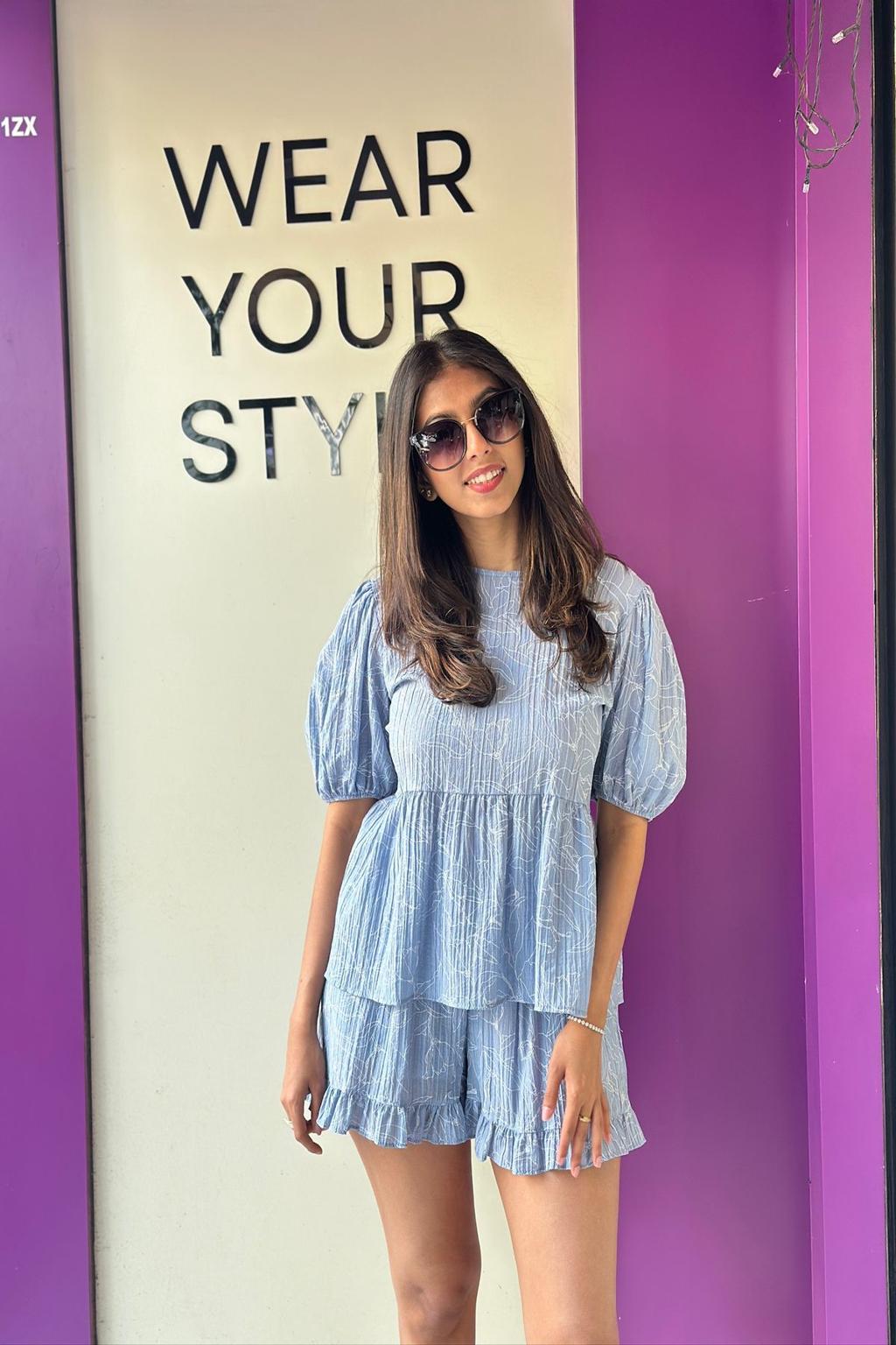 Stylish Blue Top With Shorts Set For Girls