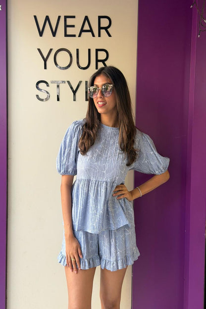 Stylish Blue Top With Shorts Set For Girls