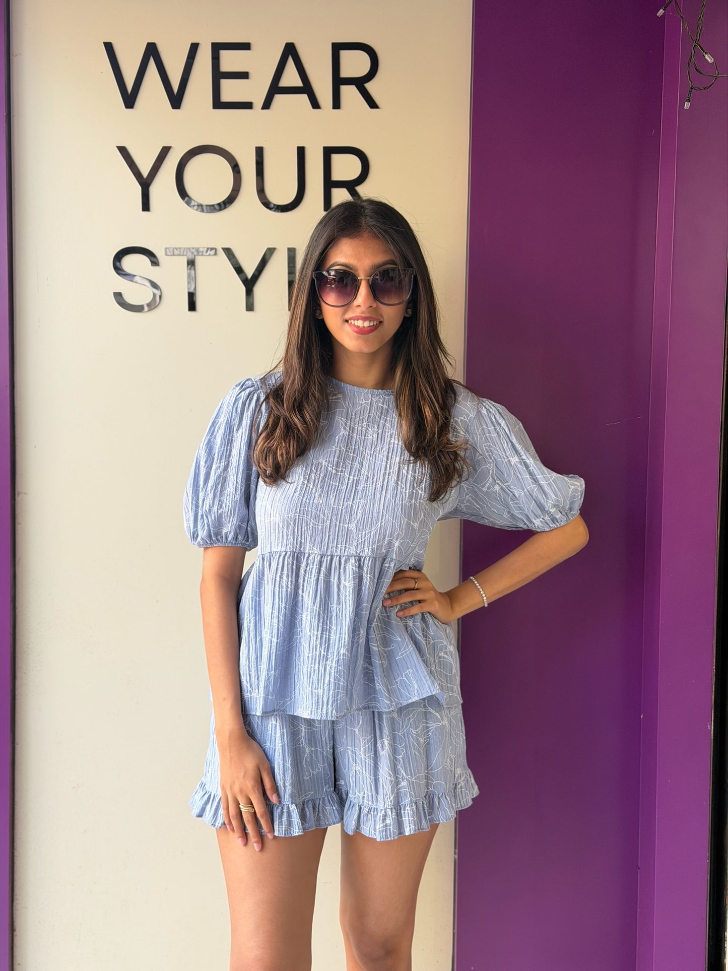 Stylish Blue Top With Shorts Set For Girls