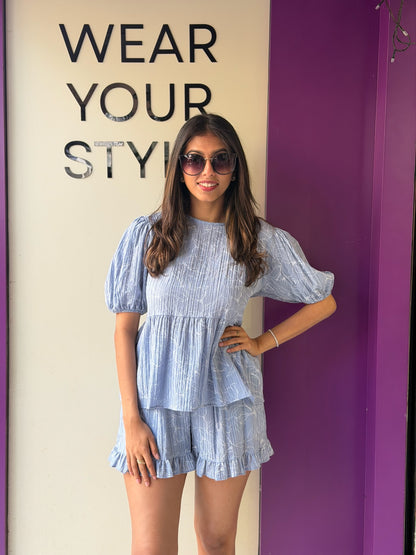 Stylish Blue Top With Shorts Set For Girls