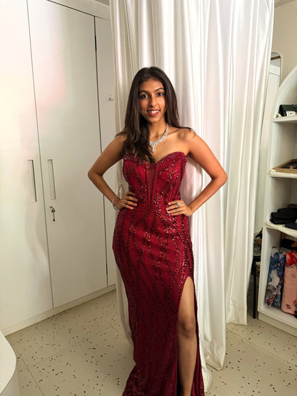 Rose Red  Awesome Long Dress With Cut