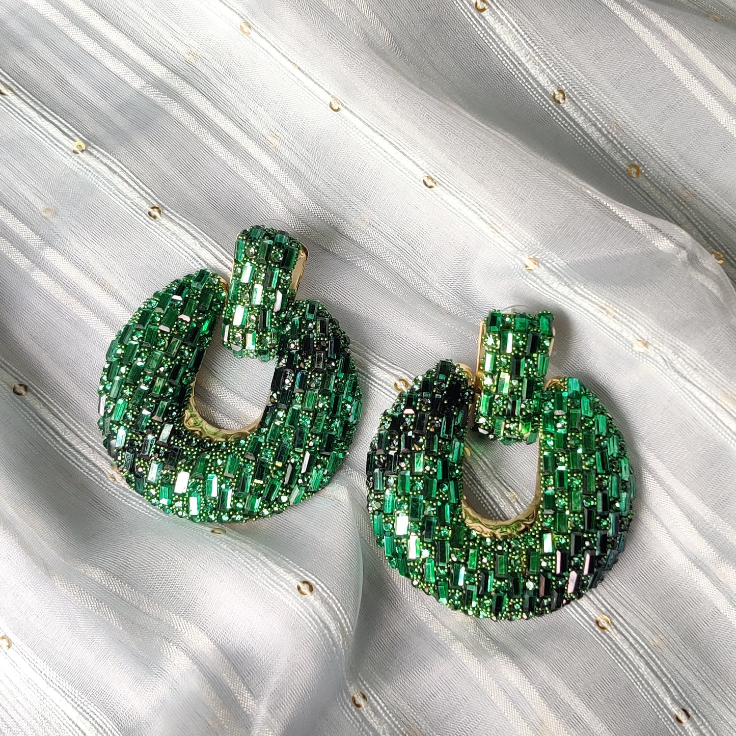 Full of green diamonds  geometric round earring