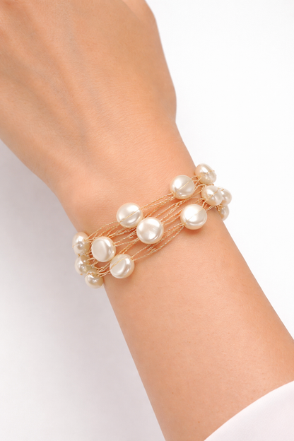 Long beads of round pearl multi layer bracelet