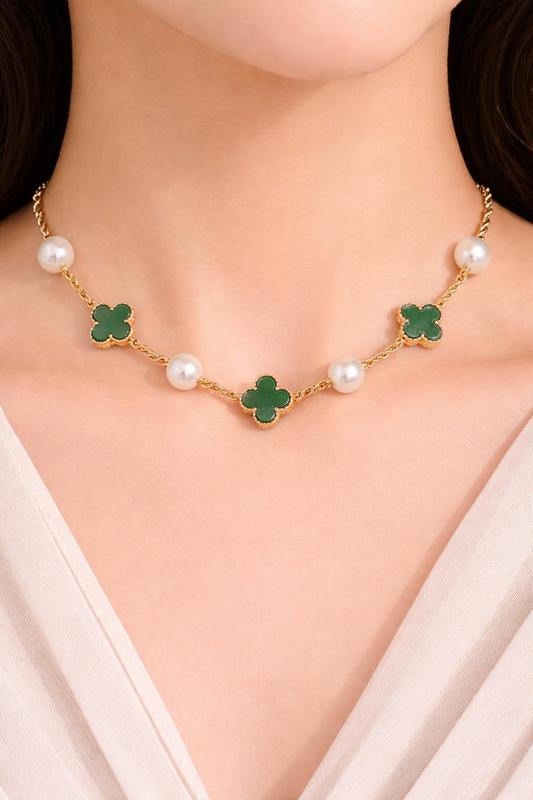 Green flower with pearl necklace for women