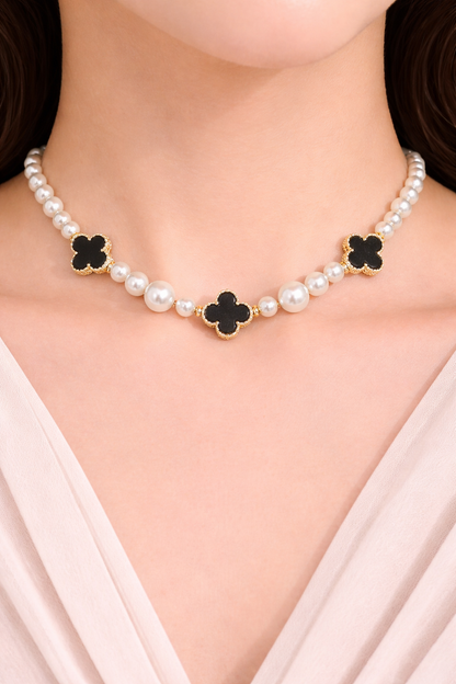 Black flower with multi size pearl necklace