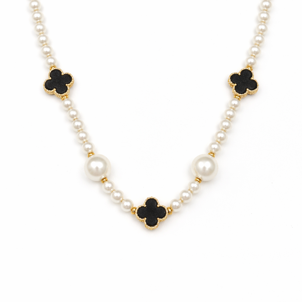 Black flower with multi size pearl necklace