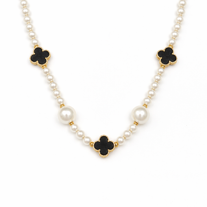 Black flower with multi size pearl necklace