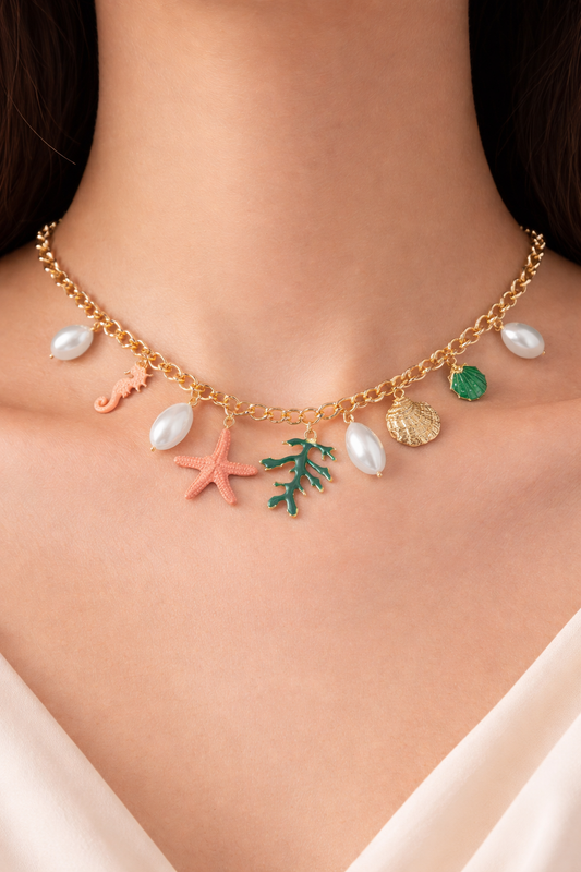 Charming shell pearl sea horse pedant chain necklace