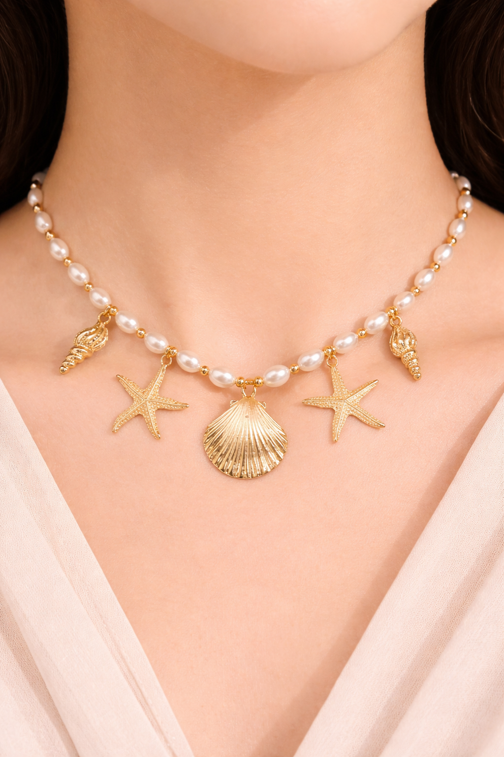 Sea shell design pearl necklace for girls