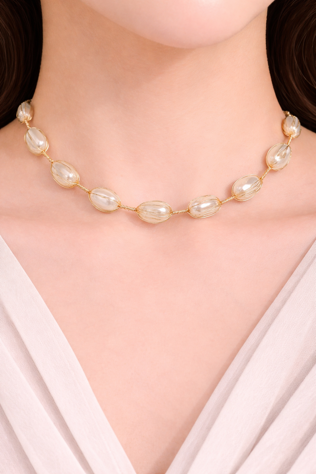 Multi shapes pearls design  necklace with unique twist chain