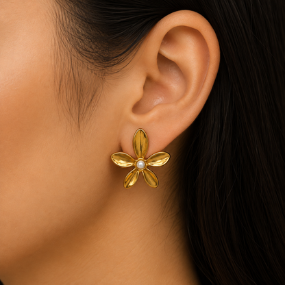 Gold Pearl Flower Stud Earrings