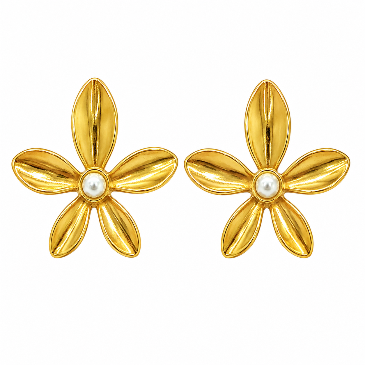 Gold Pearl Flower Stud Earrings
