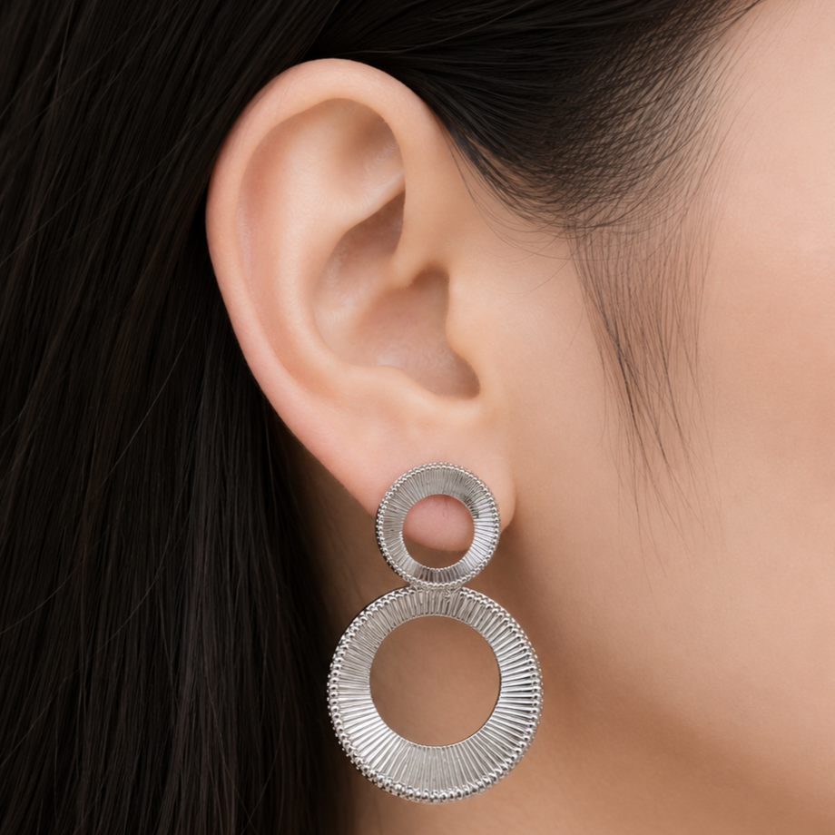 Silver Double Round Dangle Earrings