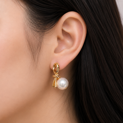 Gold Pearl Bow Earrings