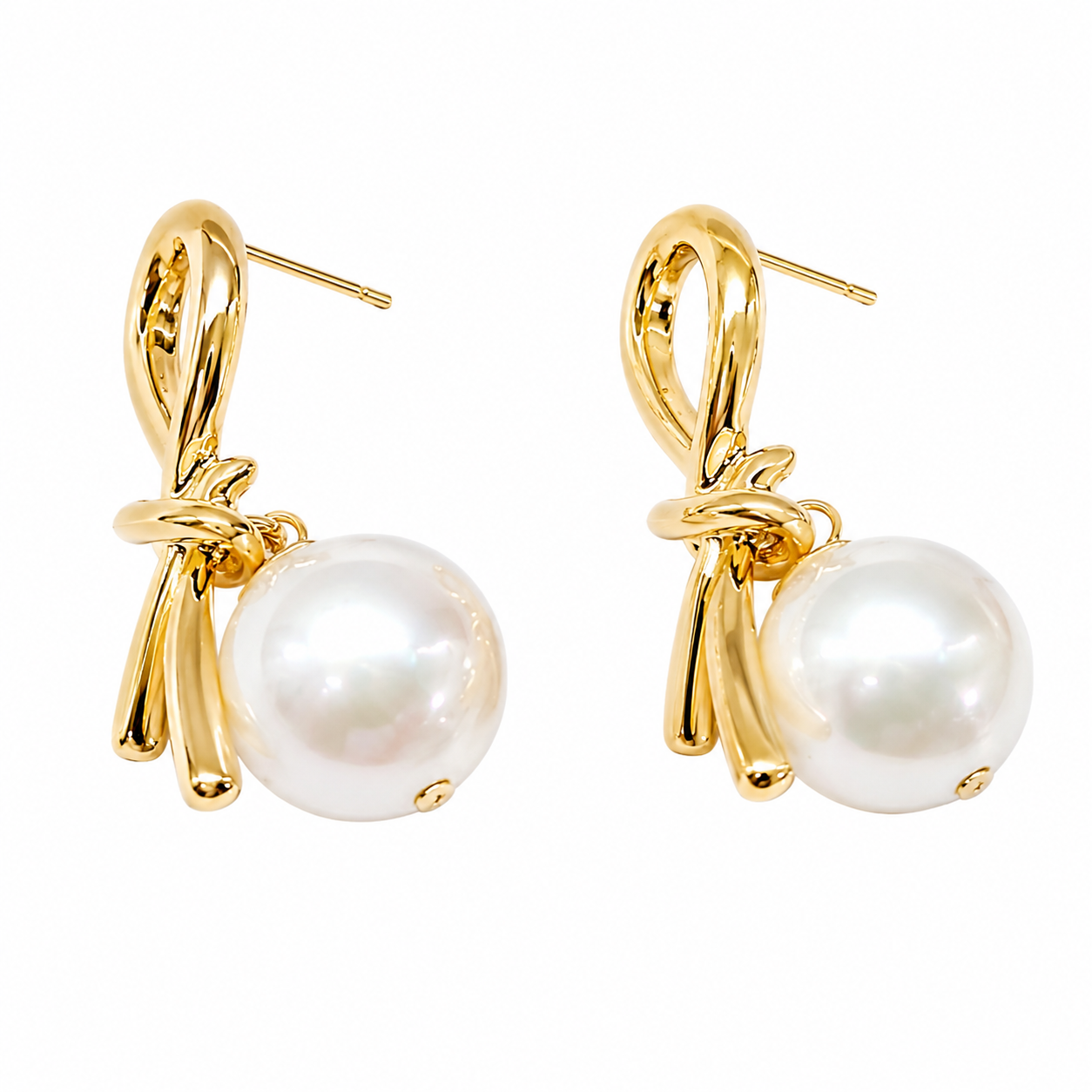 Gold Pearl Bow Earrings