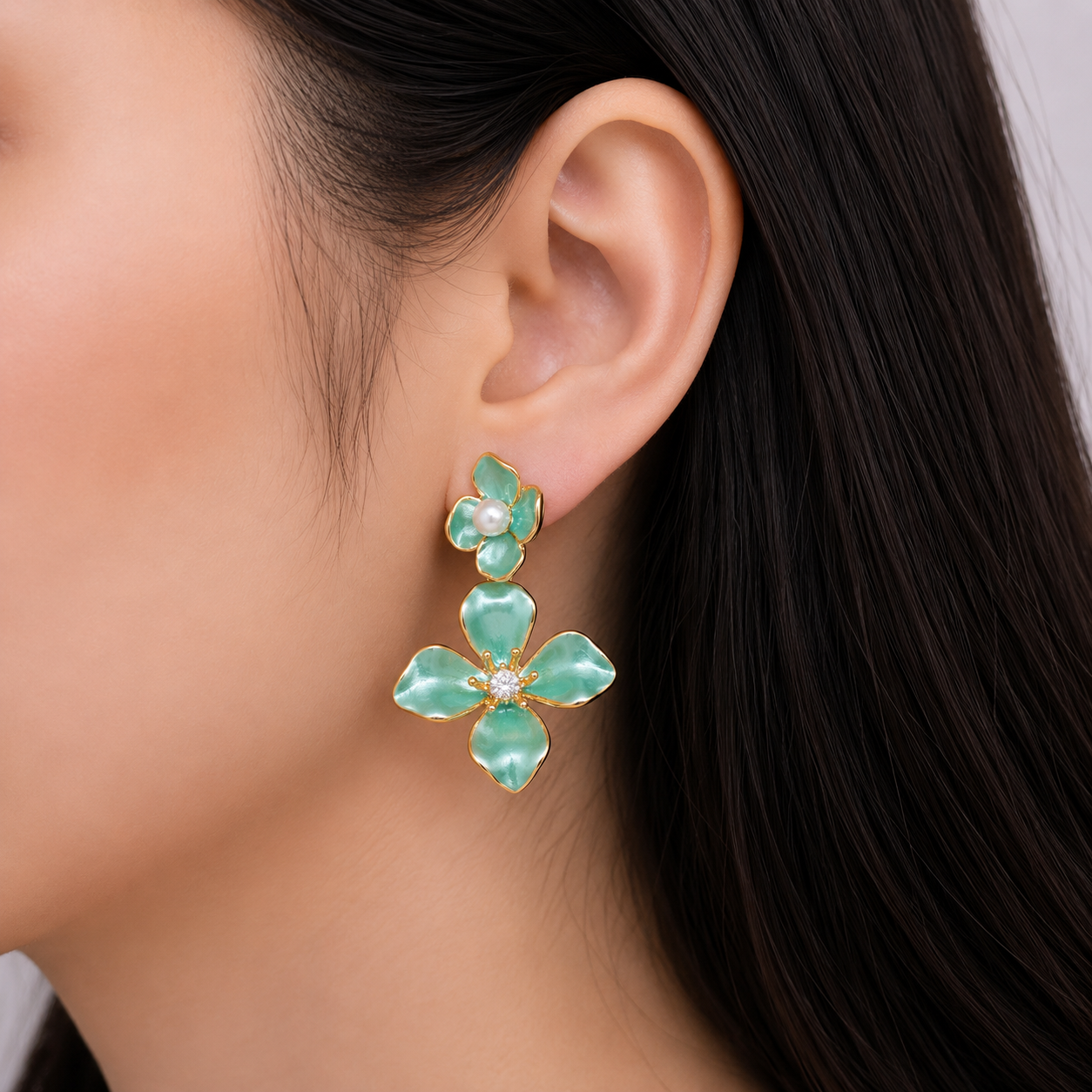 Gold Mint Floral Drop Earrings