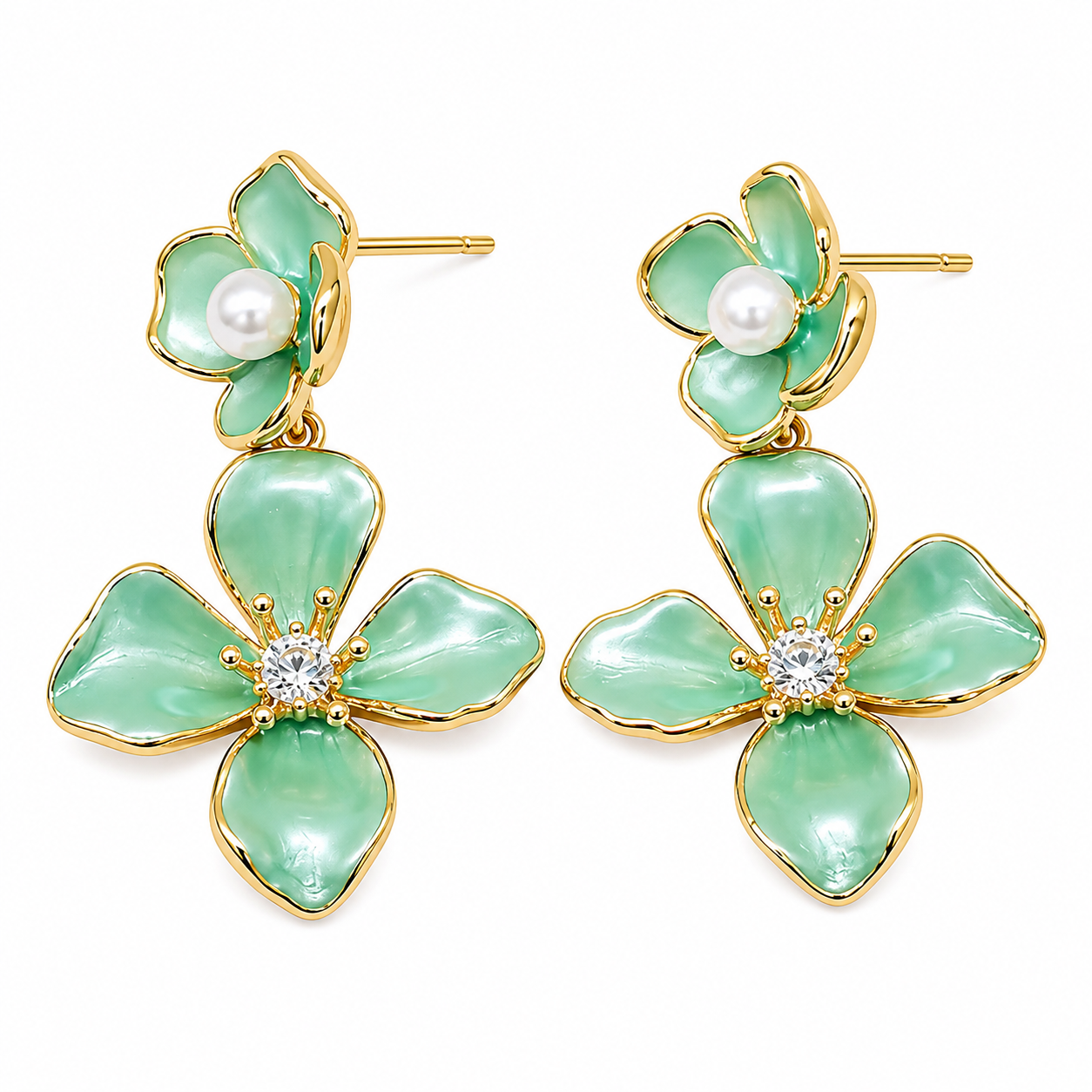 Gold Mint Floral Drop Earrings