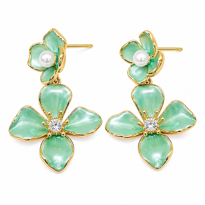 Gold Mint Floral Drop Earrings