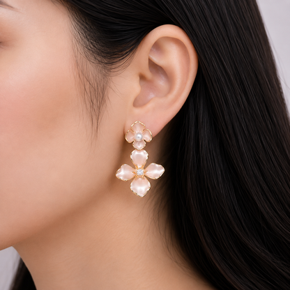 Gold Pink Blossom Drop Earrings