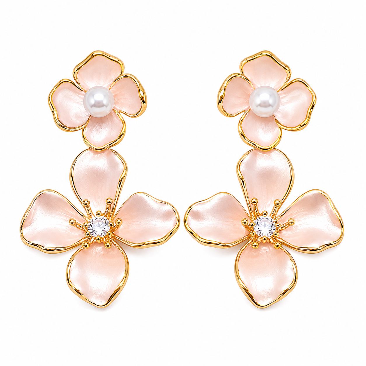 Gold Pink Blossom Drop Earrings
