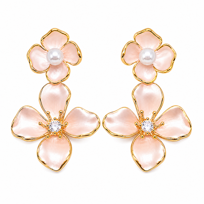 Gold Pink Blossom Drop Earrings