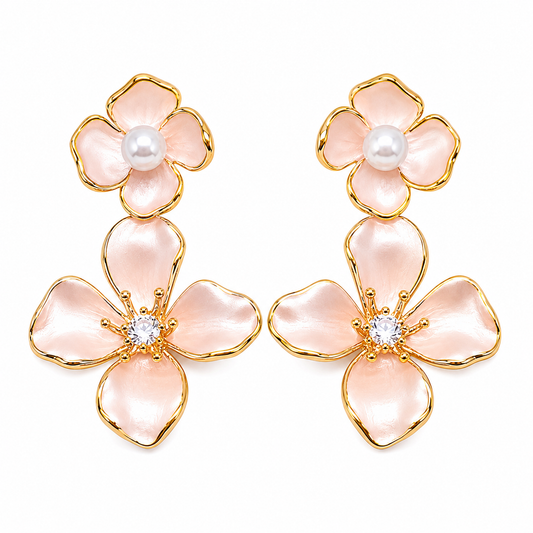 Gold Pink Blossom Drop Earrings