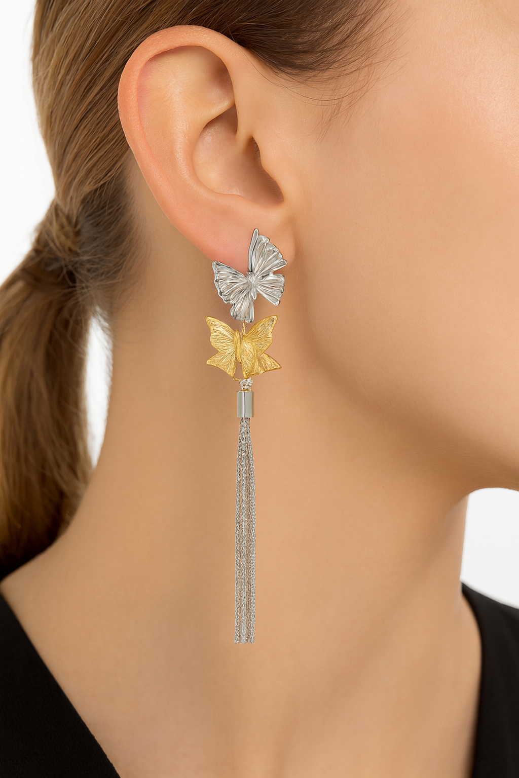 Charming trio butterfly with silver tassel earring