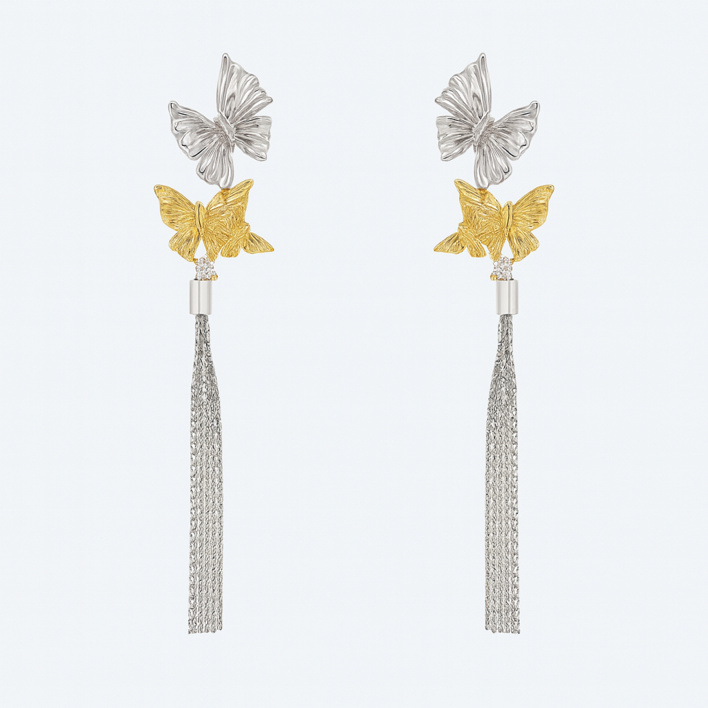 Charming trio butterfly with silver tassel earring