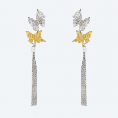 Charming trio butterfly with silver tassel earring