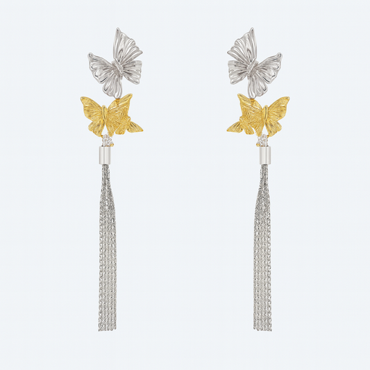 Charming trio butterfly with silver tassel earring