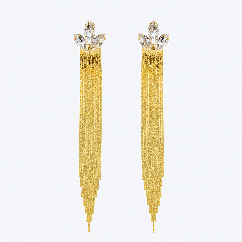 Classy diamond leaf with golden tassel earring