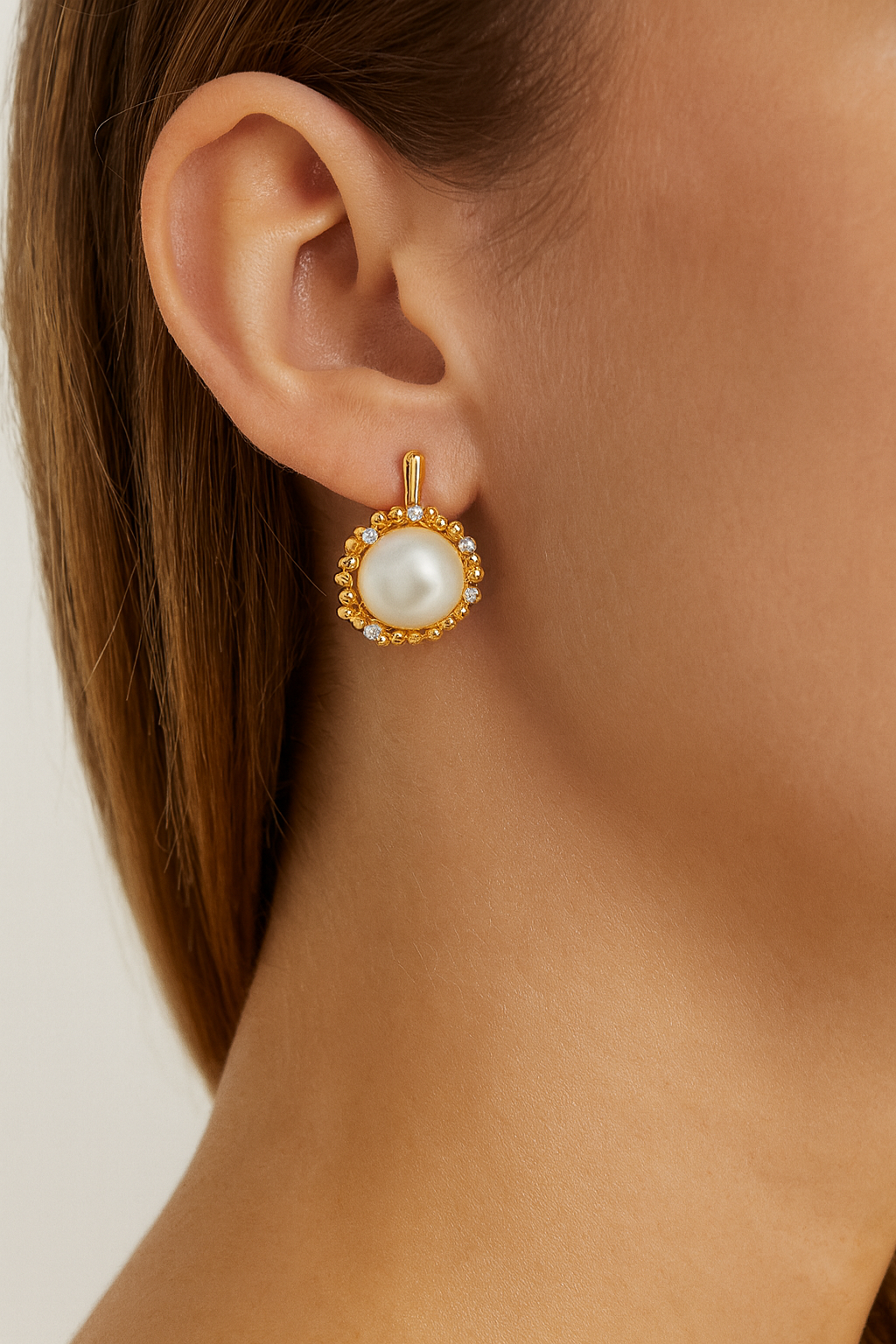 Precious pearl design golden large stud earring