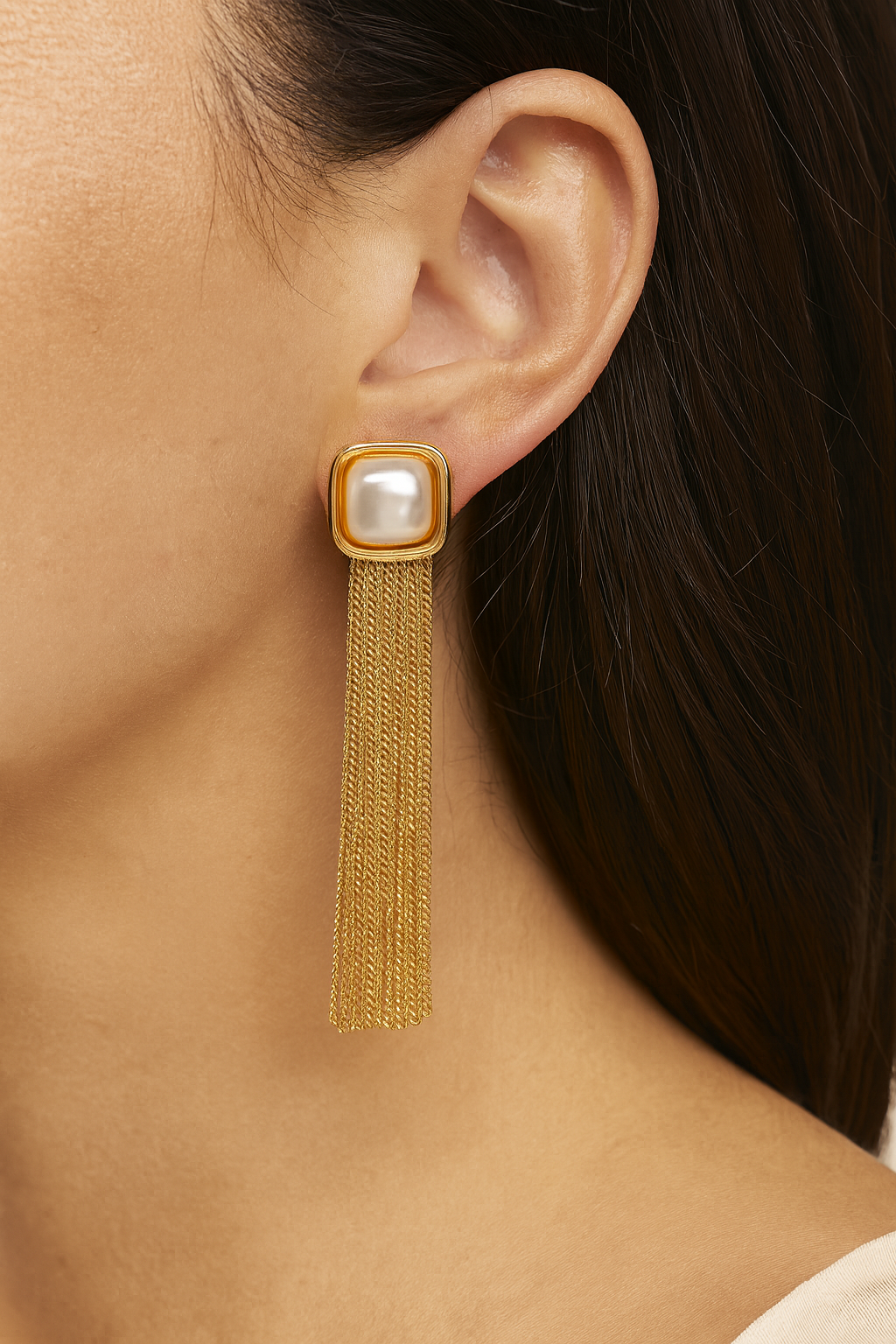 Fancy pearl square with gold tassel earring