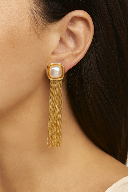 Fancy pearl square with gold tassel earring