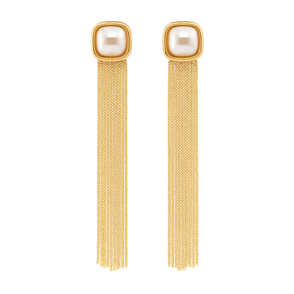 Fancy pearl square with gold tassel earring