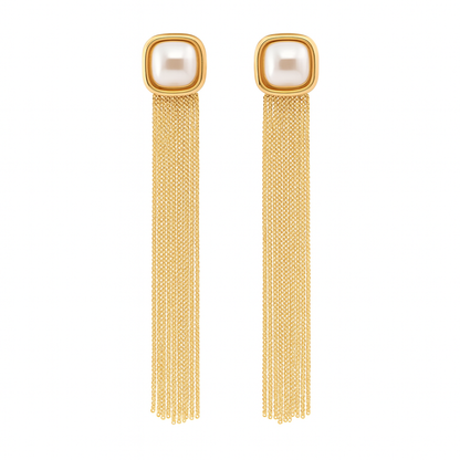Fancy pearl square with gold tassel earring