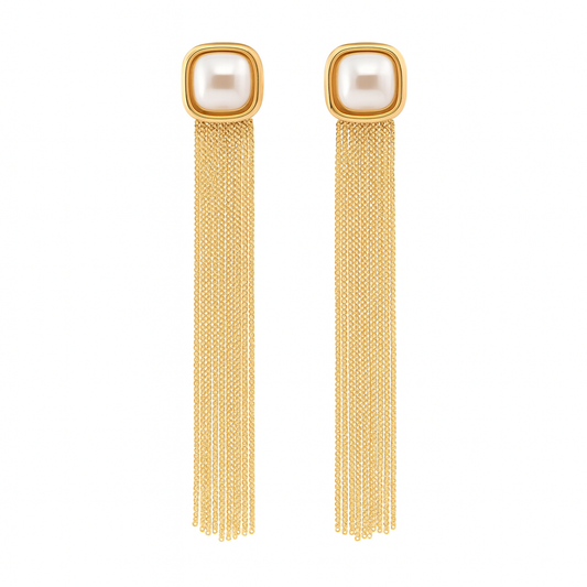 Fancy pearl square with gold tassel earring